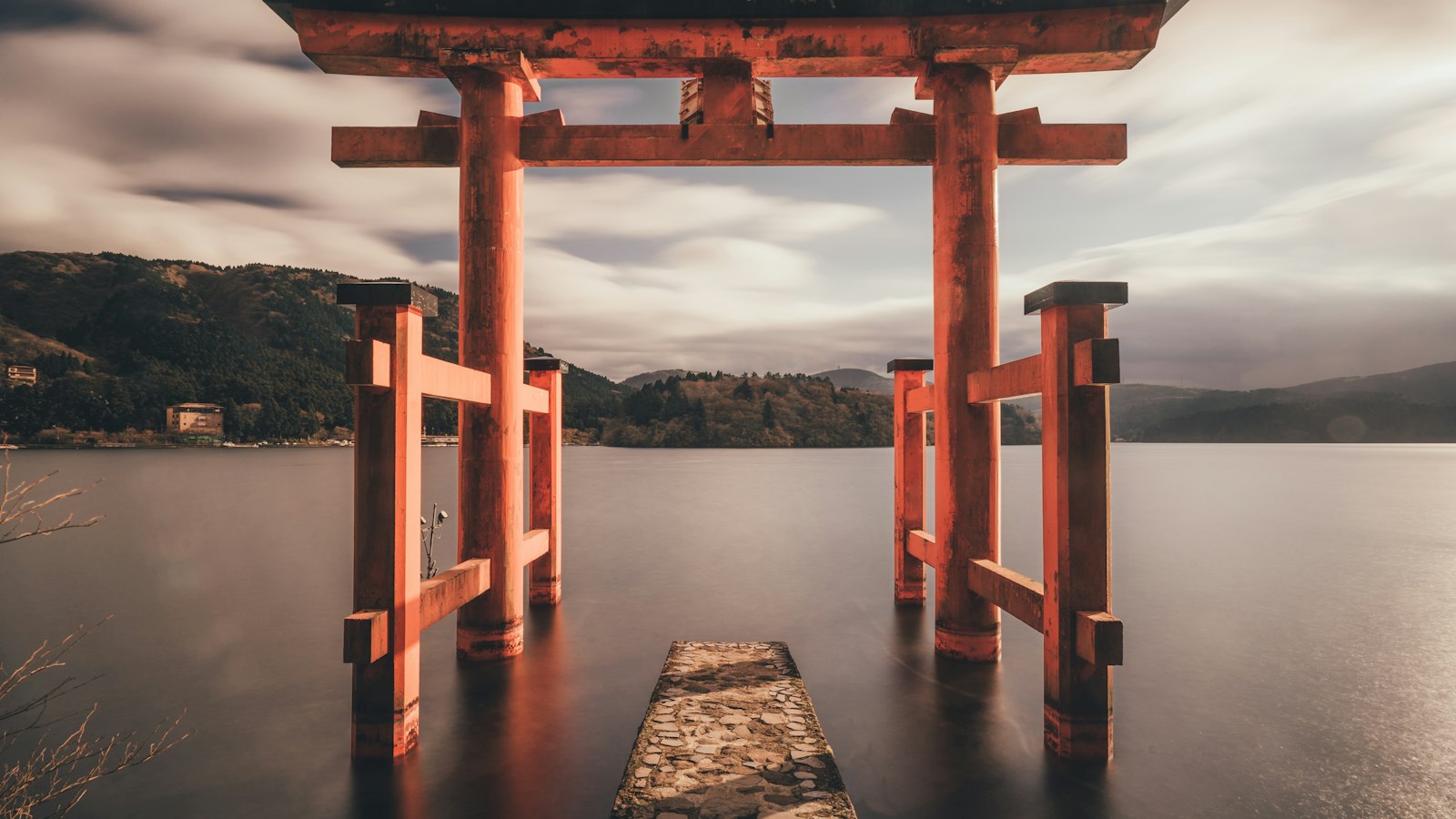 The red torii gate standing in the water at Lake Ashi, Hakone